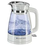 Russell Hobbs Carafe Style 1.7L Cordless Electric Glass Kettle with white handle, lid & base and blue internal illumination (Fast boil, 3KW, Anti-scale filter, Pull off lid, unique glass spout) 26081