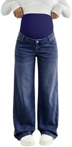 BLENCOT Women's Maternity Bootcut Jeans Wide Leg Over The Belly Straight Pregnancy Denim Pants with Pockets Dark Blue 2XL