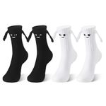 Petrass Funny Socks Gifts Idea Couple Magnetic Hands Holding Socks Birthday Anniversaries for Men, Women, Him, Friends, Emb Pure White＋black 2pcs, Large