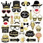 34PCS Birthday Photo Booth Props, LMSHOWOWO Black Gold Party Photobooth Props, Funny Birthday Selfie Props for Men Women All Ages 18th 21th 30th 40th 50th 60th 70th Birthday Decorations Party Supplies