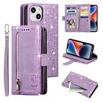 UEEBAI Wallet Case for iPhone 15 Plus 6.7 inch, Retro 9 Card Holder Slots Zipper Pocket Handbag Case PU Leather Magnetic Closure Kickstand with Wrist Strap TPU Shockproof Flip Case - Glitter Purple