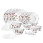 Larah by Borosil Red Bud Silk Series Opalware Dinner Set | 35 Pieces for Family of 6 | Microwave & Dishwasher Safe | Bone-Ash Free | Crockery Set for Dining & Gifting | Plates & Bowls | White,Floral