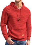 COOFANDY Men's Knit Hoodie Pullover Hipster Pleated Long Sleeve Drawstring Hooded Sweatshirt with Kanga Pocket, Red, X-Large