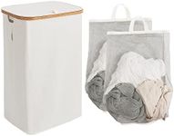 StorageWorks Large Laundry Hamper with Lid, 100L Tall Laundry Basket with Bamboo Handles and 2 Removable Inner Bag, Collapsible Laundry Hamper for Clothing, Toys, Towels, Beige, 1-Pack