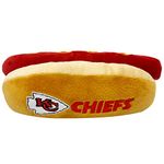 Pets First NFL Kansas City Chiefs HOT Dog Plush Dog & CAT Squeak Toy - Cutest HOT-Dog Snack Plush Toy for Dogs & Cats with Inner Squeaker & Beautiful Football Team Name/Logo 8 x 5 x 3 Inches