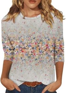 3/4 Length Sleeve Womens Tops Cute Fall Clothes Tops Fall Clothes Crewneck Trendy Shirts Causal Comfy Floral Print Three Quarter Sleeves Loose Fit Blouses 2025 Gray 3XL