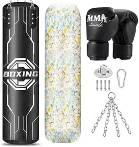 Filled Punching Bag for Adults, 4FT PU Leather Hanging Boxing Bag with11lb Sponge Filler, 12OZ Boxing Gloves, Chains, Heavy Boxing Bags Training Equipment for MMA, Kickboxing & Muay Thai Training