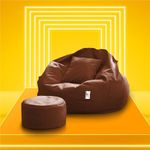 AngelicDecore Brand - XXXXL Faux Leather Bean Bag Chair with Stool & Cushion Ready to Use Filled with Beans (Tan) (Jumbo Size)