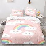 Eveone Rainbow Duvet Cover Single/Double/Queen/King Size Bed Sheets Pillowcase Set Lovely Cute Kid Child boy Girl Cartoon Romantic Simple Sweet Dream Pink Bedding 2/3/4PCS (Single-140 * 210cm-3pcs,9)