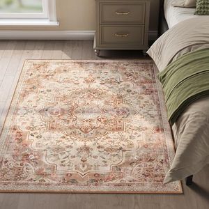 SONGMICS HOME Tapis pour Chambre 120 x 170 cm, Tapis Antidérapant, Style Vintage Traditionnel, Décoration pour Salon, Cuisine, Entrée, Salle à Manger, Lavable en Machine, Beige Cappuccino TAR032K01