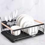 RTUIY Dish Drainer,Draining Rack,Draining Basket with Utensil Holder with Drip Tray for Kitchen Worktop 42.5x32x15cm,Kitchen Utensil Storage（black