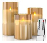 BAREPEPE Glass LED Candles Flameless Flickering Wick with Remote Battery Operated - Golden - Set of 3 for Home Decoration Diwali Christmas