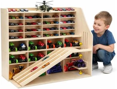 80+ Toy Car Large Garage Storage Display with Slide Runway & Racing Track | Toy Cars Display Case Organizer for Hot Wheels, Monster Trucks, Display Wooden Shelf Ultimate Parking Garage