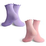 LIFPAU Ruffle Yoga Socks Non Slip Grips Anti Skid Women Athletic Socks Pilates Ballet Barre Crew Socks Frilly Cuff 2 Pairs(Purple+Pink)