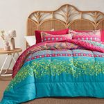 Flysheep Boho Bed in a Bag 7 Pieces Queen Size, Colorful Bohemian Tribal Pink n Blue Floral Printed Reversible Comforter Set (1 Comforter, 1 Flat Sheet, 1 Fitted Sheet, 2 Pillow Shams, 2 Pillowcases)