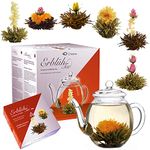 Creano Blooming Tea Gift Set – Flowering Tea Giftset with 500 ml Glass Tea Pot and 6 Tea Flowers - Black & White Tea