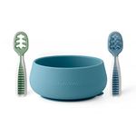 NumNum Pre-Spoon GOOtensils + Suction Bowl Self Feeding Set for Babies & Toddlers | Baby Spoon Set (Stage 1+ 2) | 100% Food Grade Silicone BPA-Free | Strong Suction | 4 Months+ (Blue/Glacier Green)