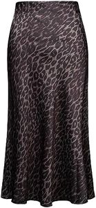 Soowalaoo Womens Skirt Midi Long Length Silk Satin High Waisted Elastic Casual Trendy Summer Skirts Leopard Dark M