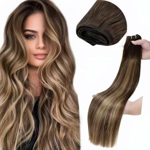LaaVoo Extensiones de Cabello Natural Cortina Ombre Castaño Oscuro Balayage Rubio Caramelo Extensiones de Cortina de Pelo Natural Remy Extensiones Pelo Cortina 60cm/24Pulgadas 120g #4/27/4