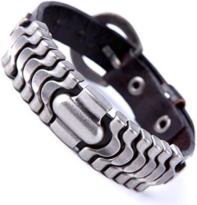 Urban Jewelry Powerful Dark Brown Leather Cuff Bracelet with Metal Design and Buckle Clasp (Adjustable)