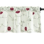 VOGOL Kitchen Valance Curtain, Modern Elegant Red Flowers Pattern Embroidered in White, for Living Room Bathroom Bedroom Country Valance, 52 x 14 Inches, Rod Pocket, 1 Panel