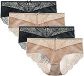 LIQQY Women's 4 Pack Cotton Invisible Lace Back Coverage Hipster Brief Panty Underwear