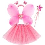 Discoball Girls Fairy Costume Set Princess Tutu Skirt Fairy Magic Butterfly Wings Dress Up Fantasy Costume Play with Butterfly Wings, Magic Wand and Headband Set for 3-8 Years Girls (Pink)