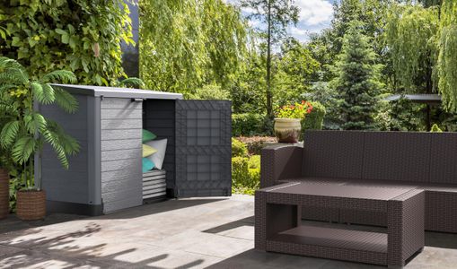 Duramax Cedargrain 1200L Plastic Garden Storage Shed – Grey, Flat Lid, Fits 2x 240L Bins, 145x85x125cm