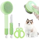 Cat Hair Brush for Deshedding, 3 in 1 Pet Hair Removal Comb Grooming Kit with Nail Clippers & Hair Knots Removal Comb, Pet Self Cleaning Slicker Brush for Long Short Haired Cats Dogs Kitten (Green)