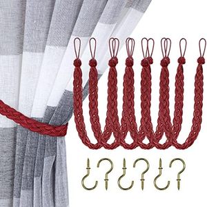 Home Queen Hand Braided Curtain Tie Back, Buckle Holdback Drapery Curtain Tiebacks, 6 Rope Belt Curtain Tie with 6 Metal Hooks, Red