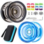 Dual Purpose Yoyo Pack Yoyo K2 Crystal, Responsive Yoyo for Kids Beginner, Plastic Yoyo Professional Trick Yoyo with 12 Yoyo Strings + Unresponsive Yoyo Bearing Kit + Yo-yo Case (Black + Blue)