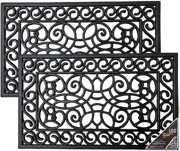 LSC Rubber Door Mat Outdoor Heavy Duty Large Door Mat Non Slip Dirt Scraper Outdoor Mats for Front Door Black Welcome Decorative Wrought Iron Effect Drainage Doormats Outside (Pack of 2, 45 X 75 cm)