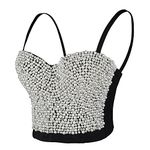 ELLACCI Sexy Pearls Beaded Rhinestone Bustier Crop Top Push up Corset Top with Detachable Straps Black Medium