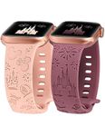 Girovo 2 Packs Cartoon Engraved Bands Compatible with Apple Watch Bands 40mm 38mm 41mm 42mm Women, Cute Anime Soft Silicone Strap for iWatch Series 10/9/8/7/6/5/4/3/2/1/SE/Ultra, Pink/Smoke Violet