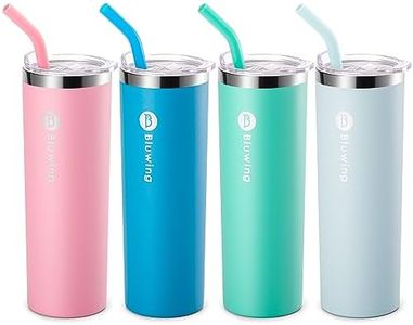 Bluwing 20 oz Stainless Steel Skinny Tumblers 4 Pack Double Wall Insulated Slim Coffee Tumbler Cup with straw, Leak Proof Lid, Straw Brushes��（Pink-Sky Blue-Teal-Baby Blue）