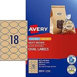 Avery A4 Kraft Brown Oval Labels - Product Stickers - Small Business Supplies - Brown, 63.5 x 42.3 mm, 270 Labels/15 Sheets (980018/ L7103)