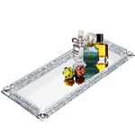 LFGKeng Crystal Jewelry Tray, Glass Cosmetic Organizer Tray with Crushed Diamond, 13.7" x 5.9" Rectangular Mirror Trinket Perfume Tray for Bathroom Bedroom, Home Decor, Hotel Banquet, Party (Silver)