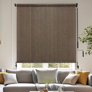 Artpuch Outdoor Roller Shade 4' W x 8' H Fabric Blind Mocha Cordless Roll Up Shade, Wand Operation Exterior Roller Shade Cloth for Patio Porch Gazebo