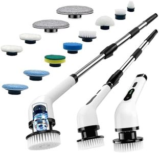 Electric Spin Scrubber, Cordless Cleaning Brush Scrubber with 12 Replaceable Brush Heads, 360 Power Scrubber Dual Speed with Adjustable & Detachable Handle for Bathroom Kitchen Car (White)