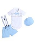 BUMZEE Sky Blue & White Boys Half Sleeves Bodysuit & Short Set With Bow Suspender & Cap Age - 6-9 Months (Peb9029D-sbl.wht)