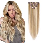 Elailite Clip in Hair Extension Human Hair 100% Real Remy Natural Hair Extensions Highlight 8 Pcs Thin Thickness (Mix #12/613 Golden Brown & Bleach Blonde, 24 Inch)