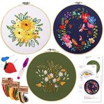 Mocoosy 3 Sets Embroidery Starter Kit for Beginners, 8“ Stamped Embroidery Kit with Pattern and Instructions,Cross Stitch Starter Kits Adults Crafts Include 3 Embroidery Fabric, 3 Bamboo Hoops,Threads