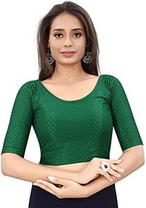 Bhochi Round Neck dobbyCotton Lycra Stretchable Elbow Sleeve Readymade Blouse for Women Green