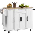 HOMCOM Kitchen Island with Storage, Rolling Kitchen Cart with Rubberwood Top, Drawer, Spice Rack, Towel Rack, Storage Cabinet with Inner Adjustable Shelves, White