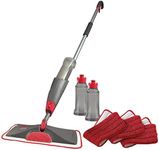 Rubbermaid Reveal Spray Microfiber Floor Mop Cleaning Kit for Laminate & Hardwood Floors, Spray Mop with 3 Reusable Washable Pads and 2 Refillable Bottles 1892663, Grey/Red