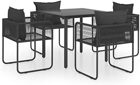 vidaXL Outdoor Dining Set – Modern Style 5-Piece Patio Furniture - PVC Rattan and Steel Construction with Glass Tabletop and Cushions - Black