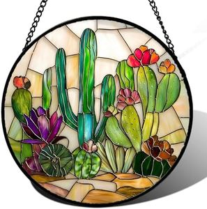 DASTOLL Stained Glass Window Hanging, White Green Cactus Suncatcher Diamond Glass Panel Hangings Sun Catchers Decor for Birthday for Women, Men, Wife, Aunt, and Mom 14.9x14.9 in