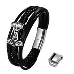 Oidea Norse Viking Thor Mjolnir Hammer Bracelet for Men - Multilayer Braided Leather Viking Bracelet, Buckle Adjustable Wrap Cuff Wirstband Bracelets with Closure, Small