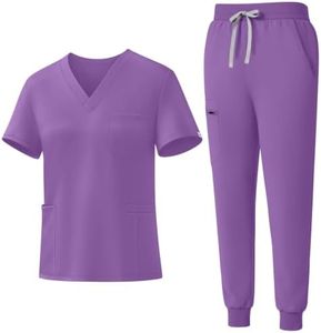 Eadflie Scrubs for Women Set - 8-Pocket V-Neck Scrub Uniform, Stretch Jogger Pants, Medical Workwear for Nurses, Pet Care (Light Purple/L)