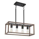 MUEOF Farmhouse Kitchen Table Light Fixture, 4-Light Metal Rectangular Chandelier with Wood Grain Finish,Kitchen Pendant Lighting Over Island for Dining Room Bar Sink.